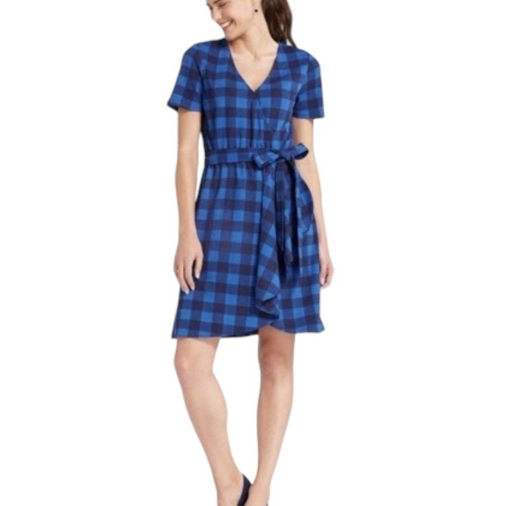 Draper James Buffalo Check Plaid Tie Waist Faux Wrap Dress -Blue & Black -Medium - Picture 3 of 12